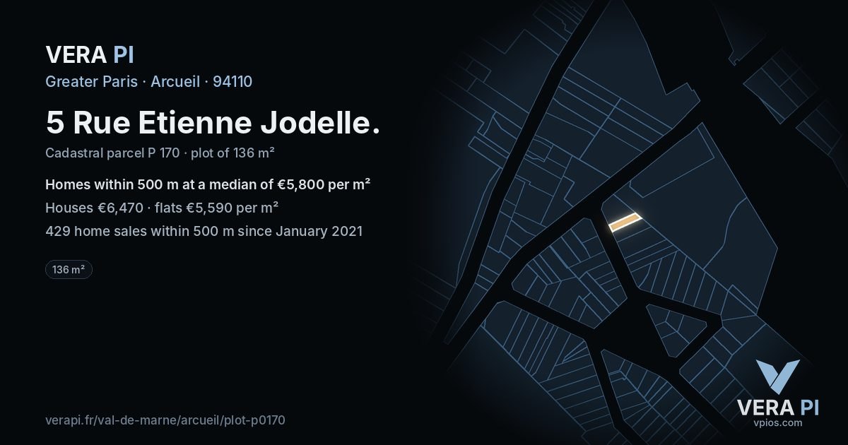 5 Rue Etienne Jodelle, Arcueil at night – the plot lit, the parcels around coloured by the prices near them