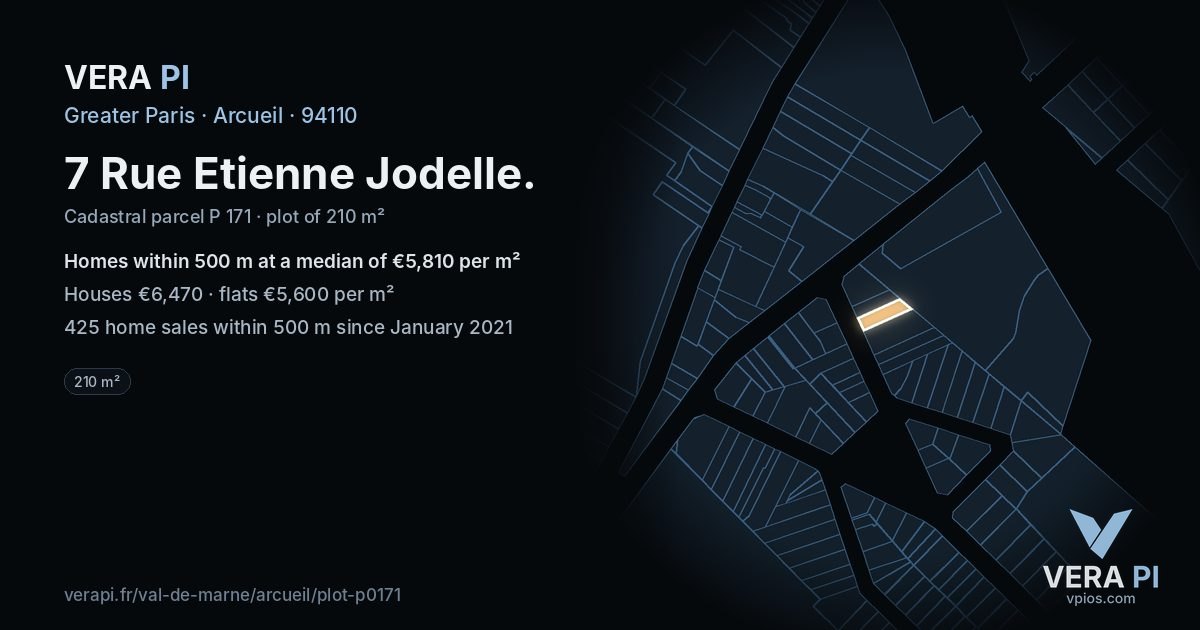 7 Rue Etienne Jodelle, Arcueil at night – the plot lit, the parcels around coloured by the prices near them