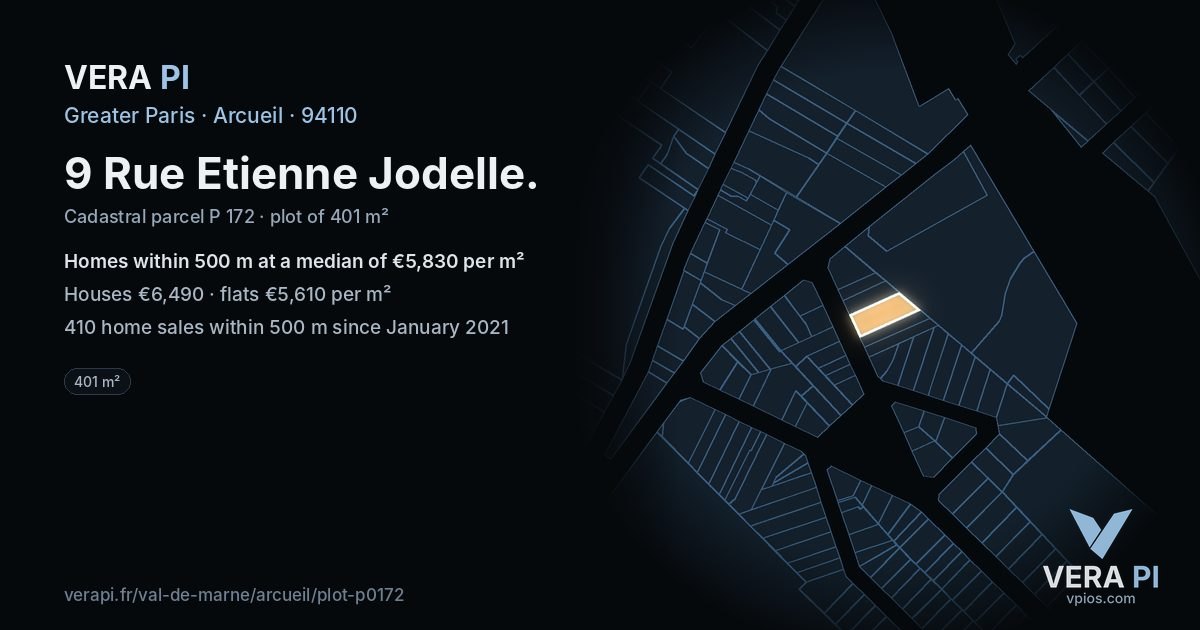 9 Rue Etienne Jodelle, Arcueil at night – the plot lit, the parcels around coloured by the prices near them