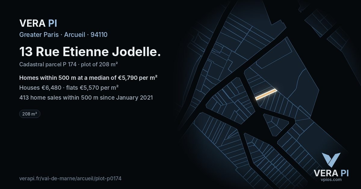 13 Rue Etienne Jodelle, Arcueil at night – the plot lit, the parcels around coloured by the prices near them