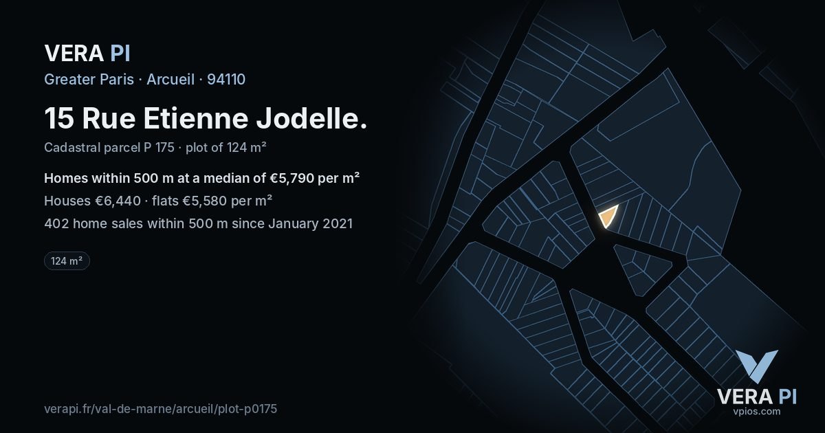 15 Rue Etienne Jodelle, Arcueil at night – the plot lit, the parcels around coloured by the prices near them