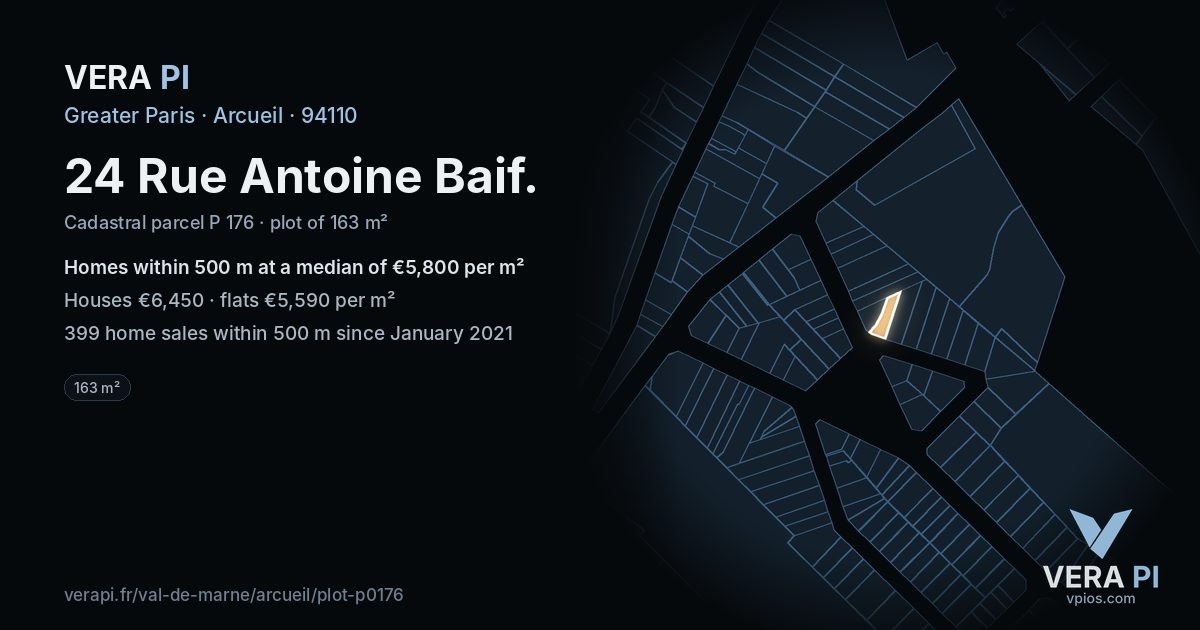 24 Rue Antoine Baif, Arcueil at night – the plot lit, the parcels around coloured by the prices near them