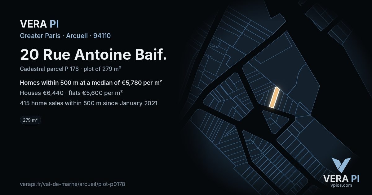 20 Rue Antoine Baif, Arcueil at night – the plot lit, the parcels around coloured by the prices near them
