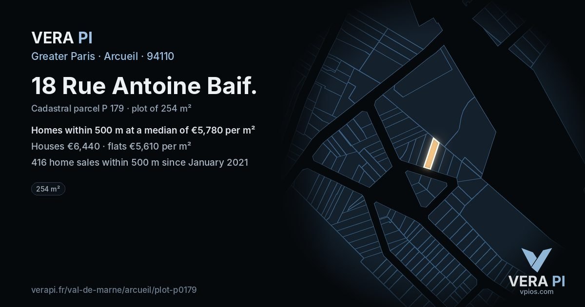 18 Rue Antoine Baif, Arcueil at night – the plot lit, the parcels around coloured by the prices near them
