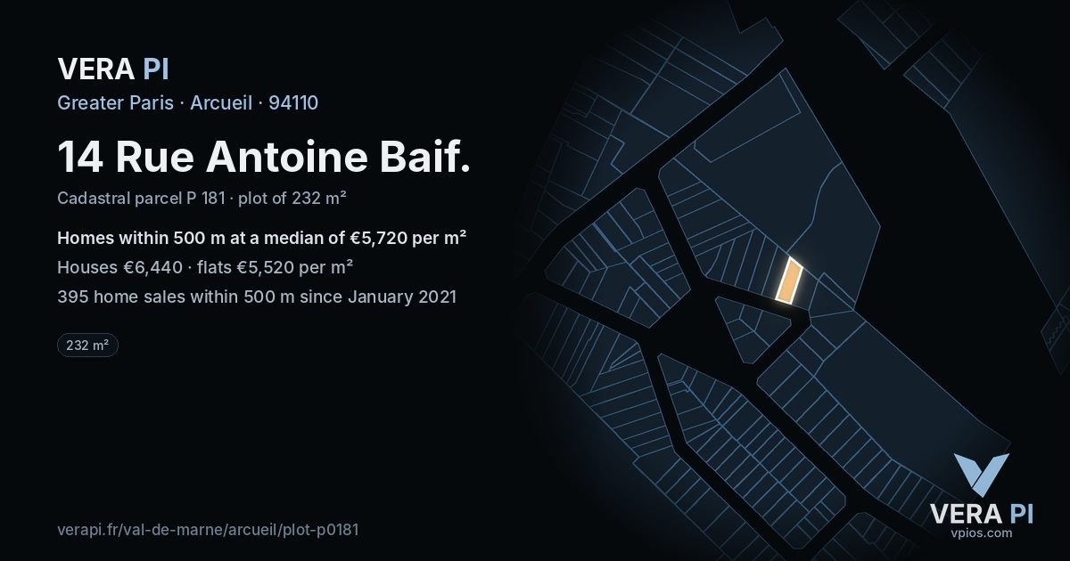 14 Rue Antoine Baif, Arcueil at night – the plot lit, the parcels around coloured by the prices near them