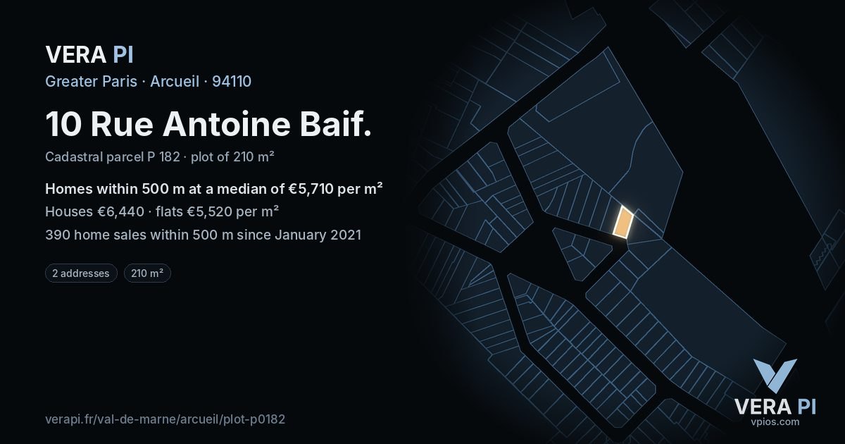 10 Rue Antoine Baif, Arcueil at night – the plot lit, the parcels around coloured by the prices near them