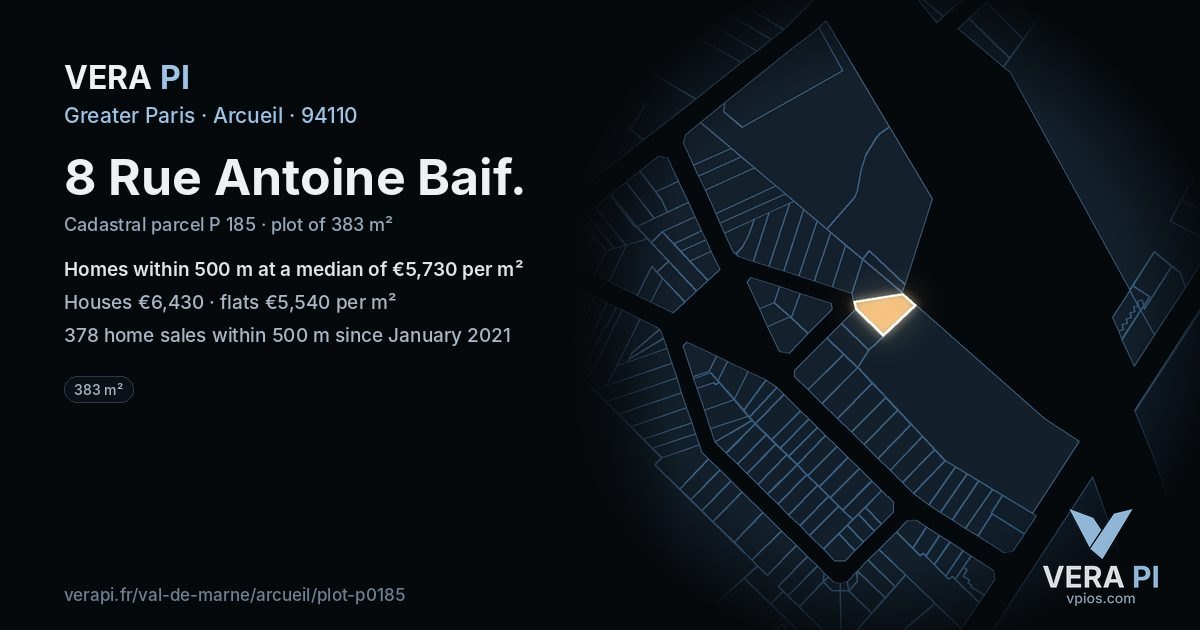 8 Rue Antoine Baif, Arcueil at night – the plot lit, the parcels around coloured by the prices near them