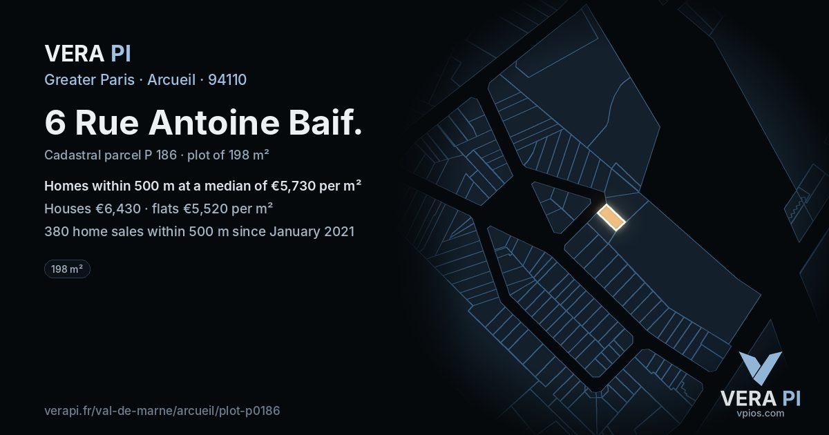 6 Rue Antoine Baif, Arcueil at night – the plot lit, the parcels around coloured by the prices near them