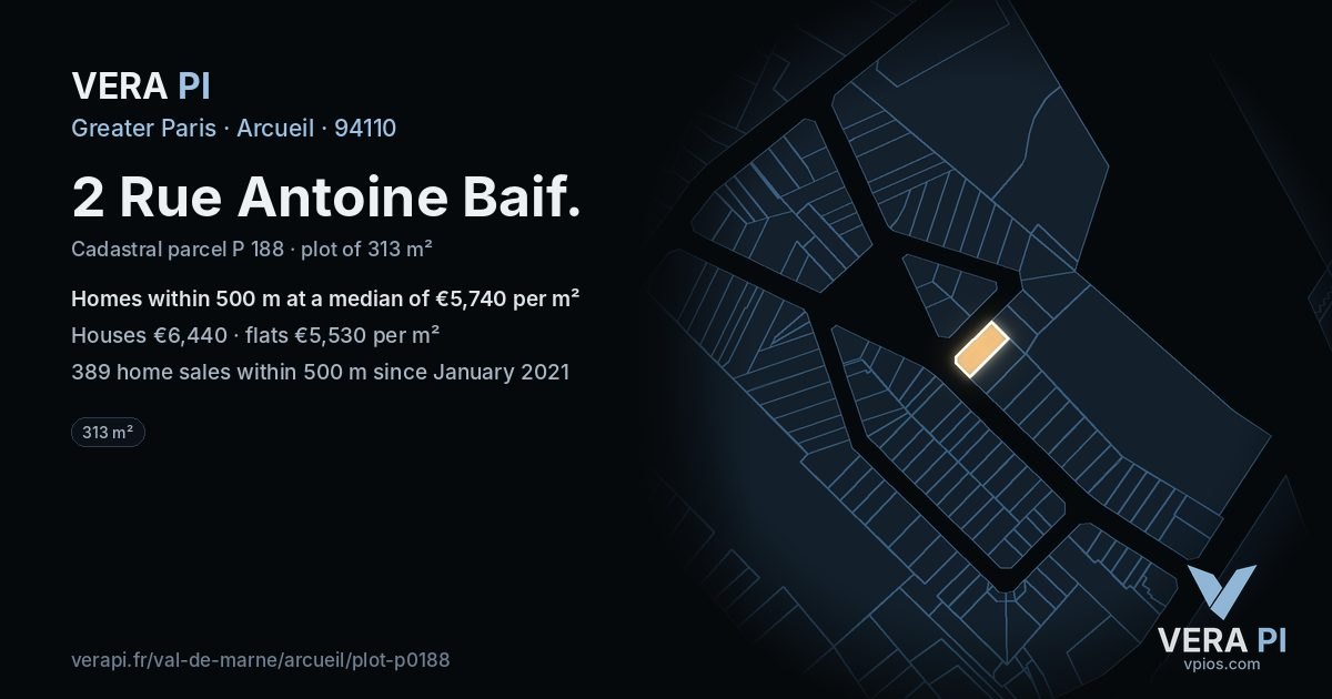 2 Rue Antoine Baif, Arcueil at night – the plot lit, the parcels around coloured by the prices near them