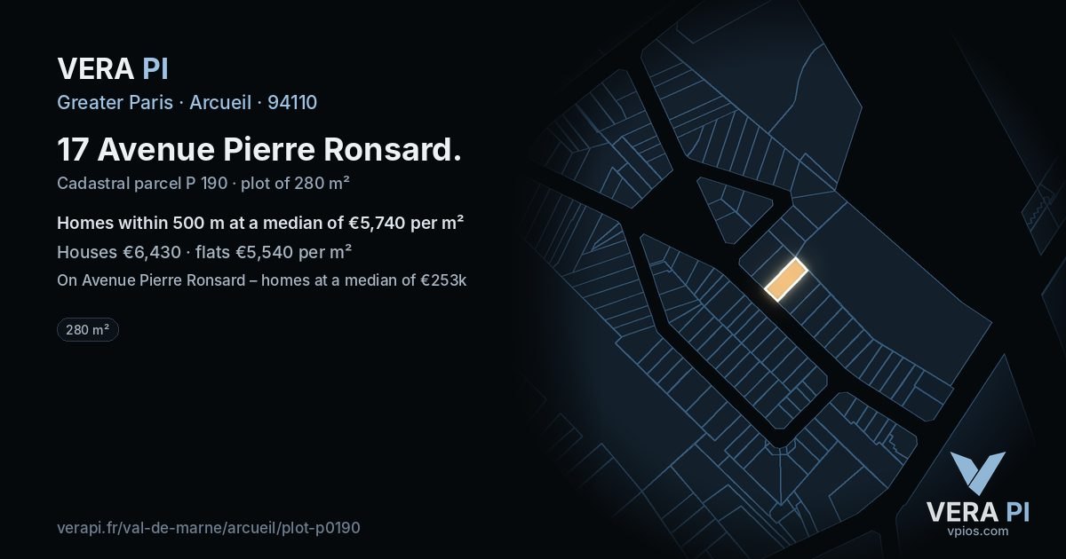 17 Avenue Pierre Ronsard, Arcueil at night – the plot lit, the parcels around coloured by the prices near them