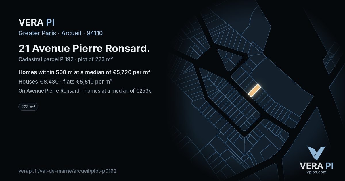 21 Avenue Pierre Ronsard, Arcueil at night – the plot lit, the parcels around coloured by the prices near them