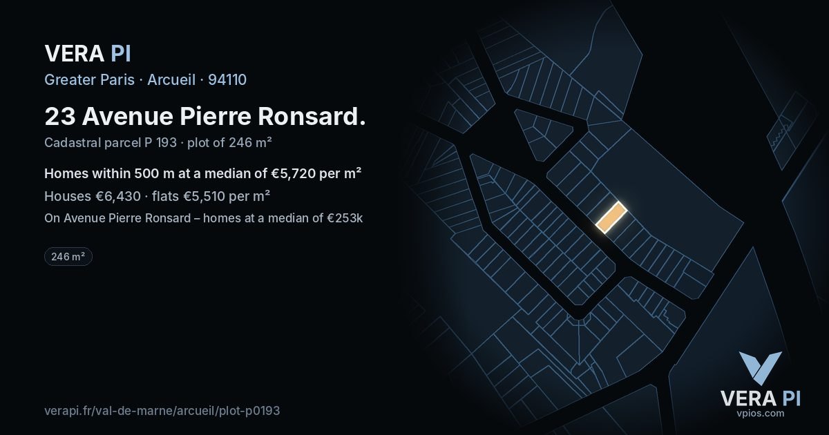 23 Avenue Pierre Ronsard, Arcueil at night – the plot lit, the parcels around coloured by the prices near them