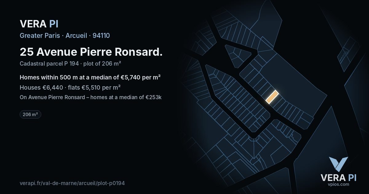 25 Avenue Pierre Ronsard, Arcueil at night – the plot lit, the parcels around coloured by the prices near them
