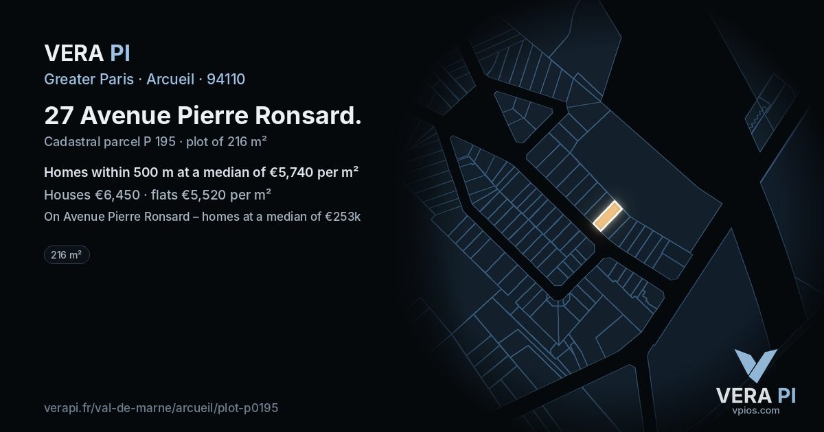 27 Avenue Pierre Ronsard, Arcueil at night – the plot lit, the parcels around coloured by the prices near them