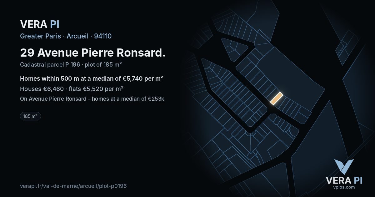 29 Avenue Pierre Ronsard, Arcueil at night – the plot lit, the parcels around coloured by the prices near them