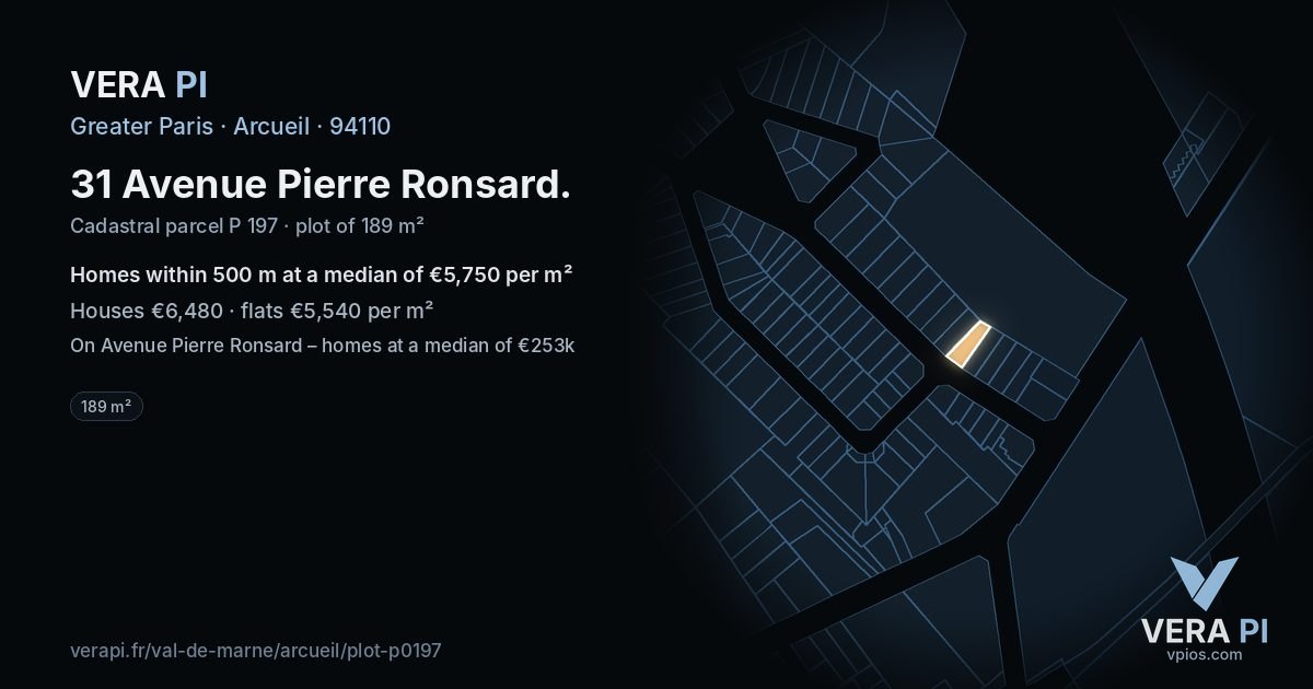 31 Avenue Pierre Ronsard, Arcueil at night – the plot lit, the parcels around coloured by the prices near them