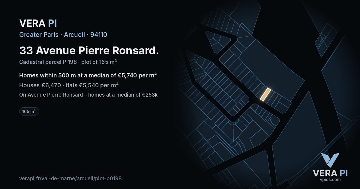 33 Avenue Pierre Ronsard, Arcueil at night – the plot lit, the parcels around coloured by the prices near them