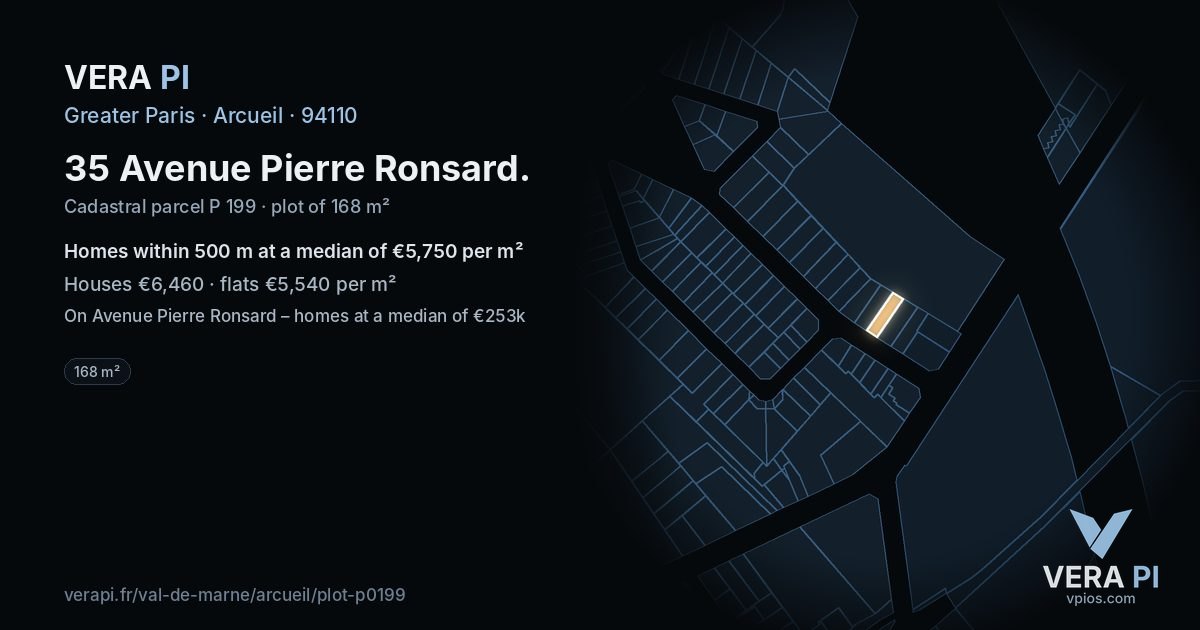 35 Avenue Pierre Ronsard, Arcueil at night – the plot lit, the parcels around coloured by the prices near them