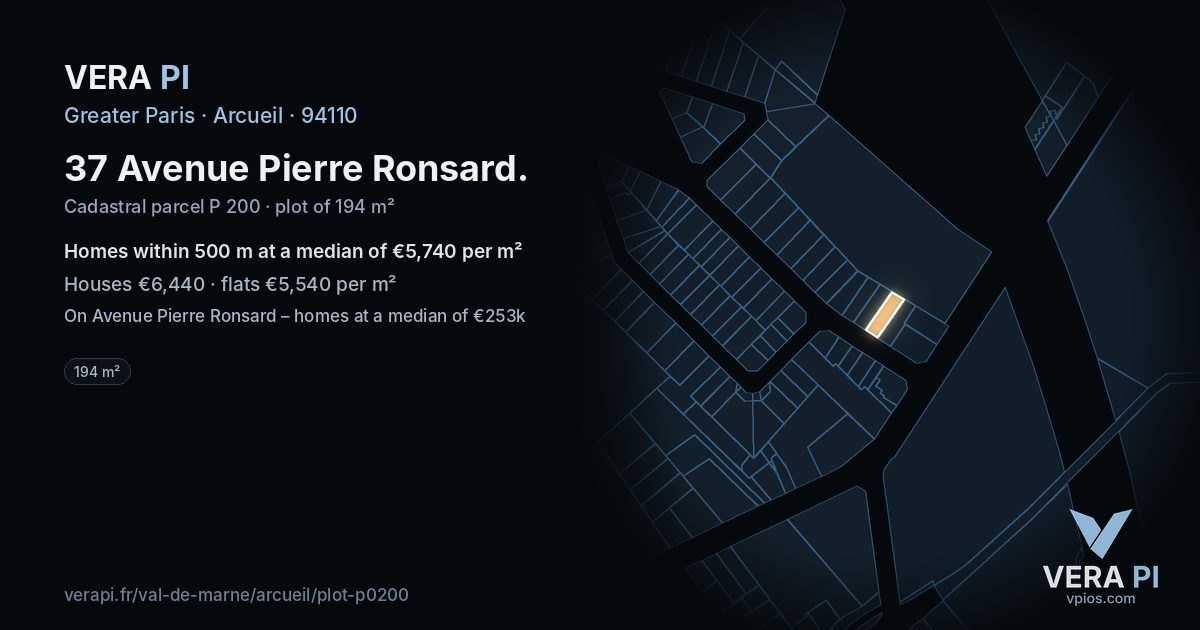 37 Avenue Pierre Ronsard, Arcueil at night – the plot lit, the parcels around coloured by the prices near them