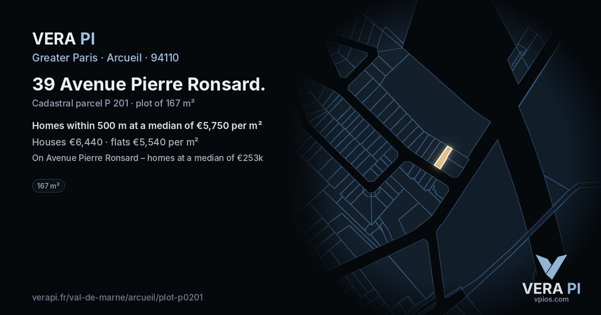 39 Avenue Pierre Ronsard, Arcueil at night – the plot lit, the parcels around coloured by the prices near them