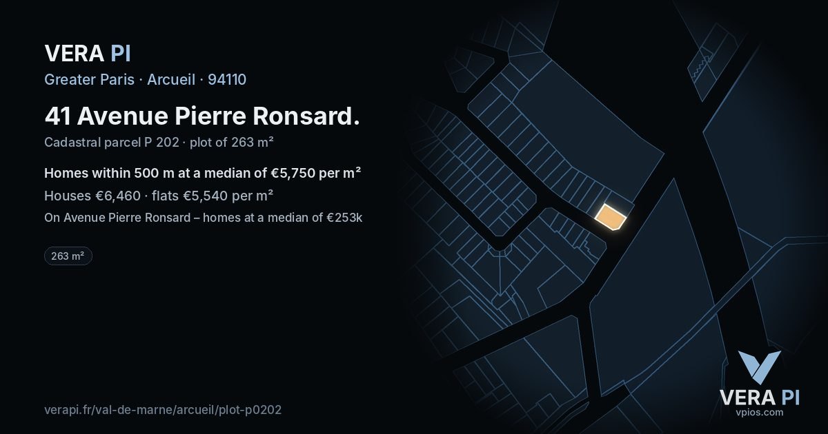 41 Avenue Pierre Ronsard, Arcueil at night – the plot lit, the parcels around coloured by the prices near them