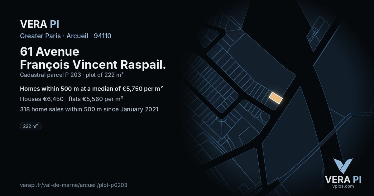 61 Avenue François Vincent Raspail, Arcueil at night – the plot lit, the parcels around coloured by the prices near them