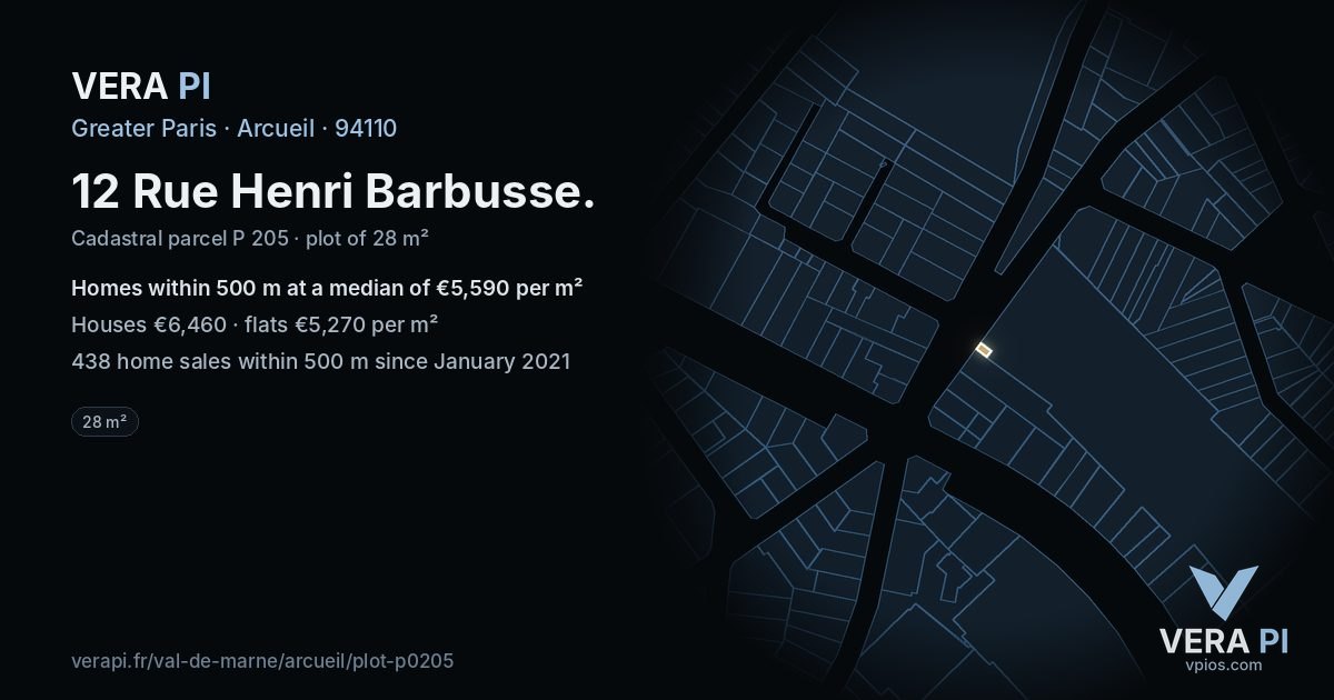 12 Rue Henri Barbusse, Arcueil at night – the plot lit, the parcels around coloured by the prices near them