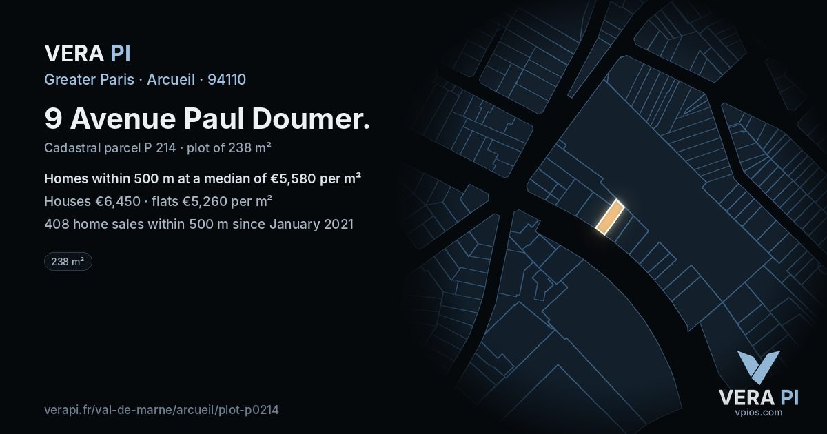 9 Avenue Paul Doumer, Arcueil at night – the plot lit, the parcels around coloured by the prices near them