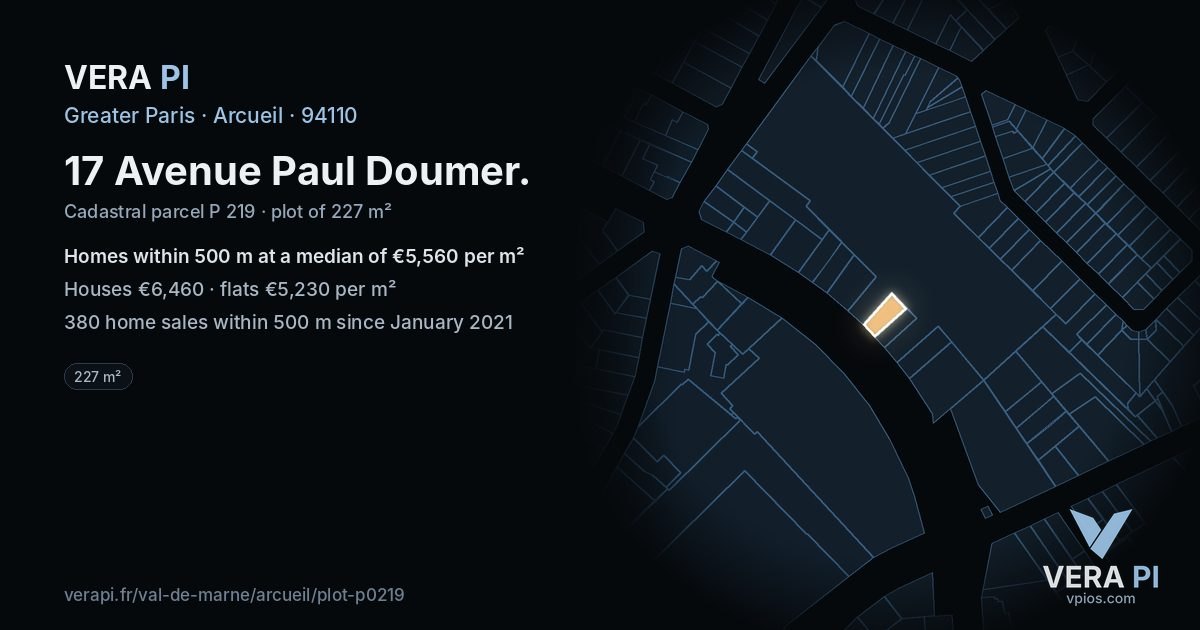 17 Avenue Paul Doumer, Arcueil at night – the plot lit, the parcels around coloured by the prices near them
