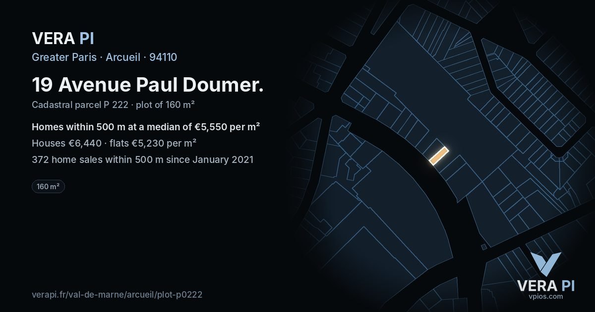 19 Avenue Paul Doumer, Arcueil at night – the plot lit, the parcels around coloured by the prices near them