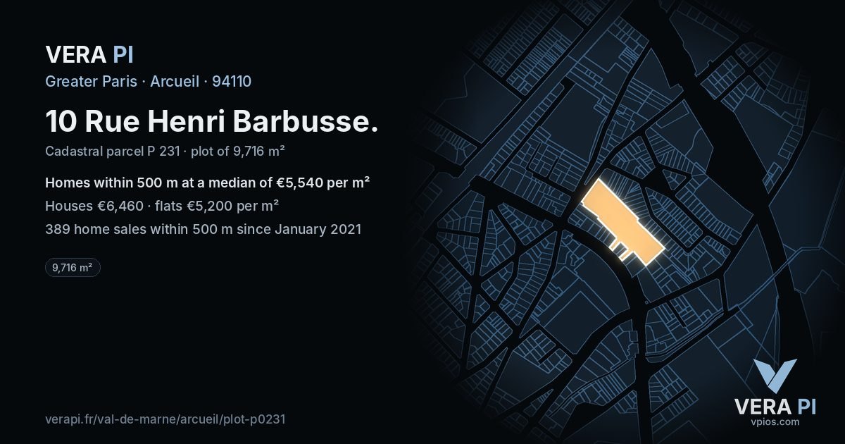 10 Rue Henri Barbusse, Arcueil at night – the plot lit, the parcels around coloured by the prices near them
