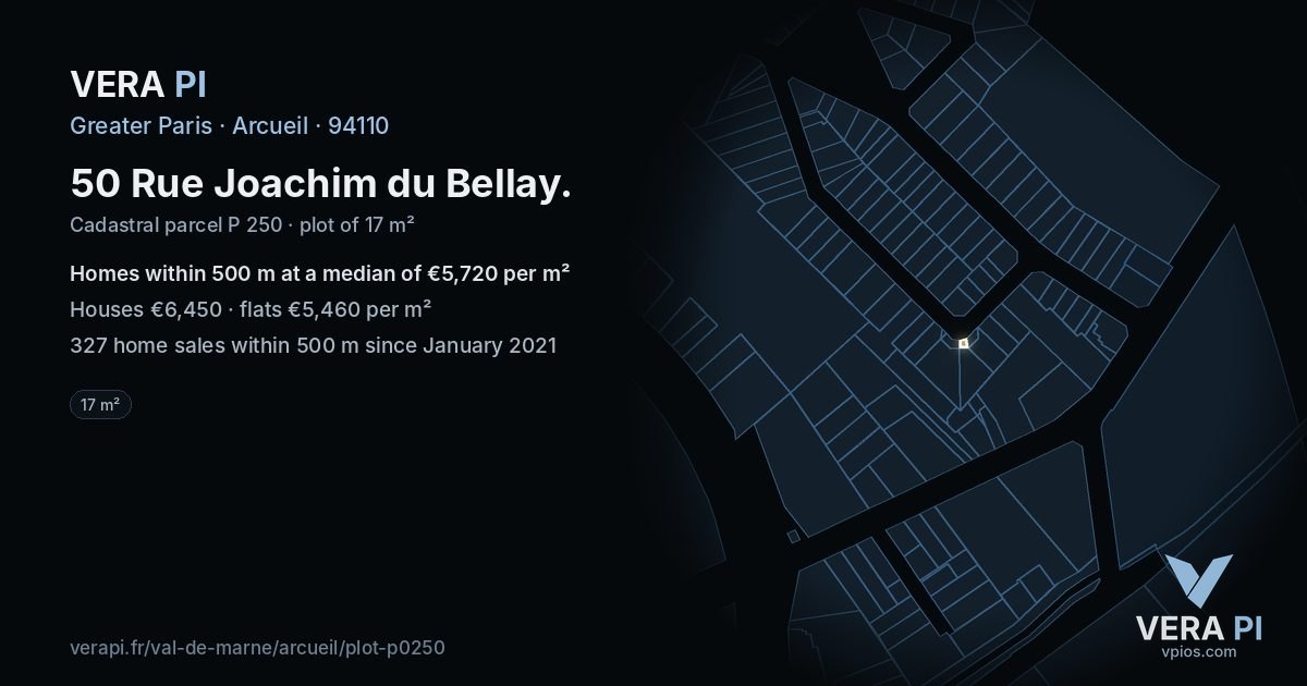 50 Rue Joachim du Bellay, Arcueil at night – the plot lit, the parcels around coloured by the prices near them
