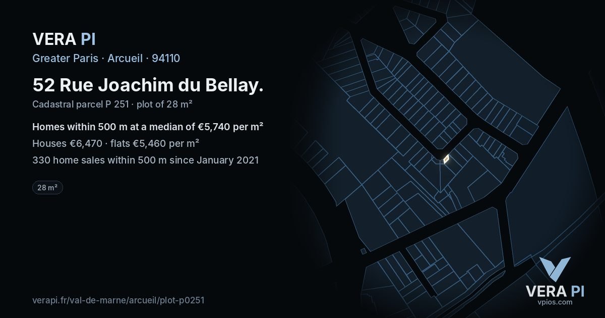 52 Rue Joachim du Bellay, Arcueil at night – the plot lit, the parcels around coloured by the prices near them