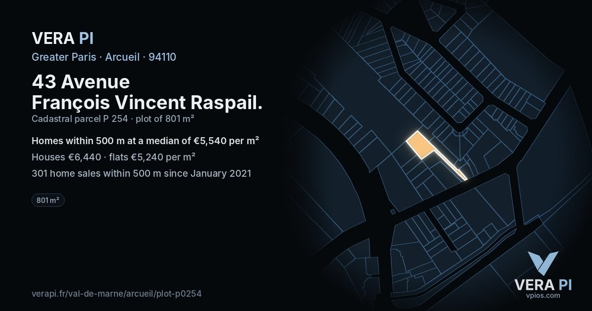 43 Avenue François Vincent Raspail, Arcueil at night – the plot lit, the parcels around coloured by the prices near them