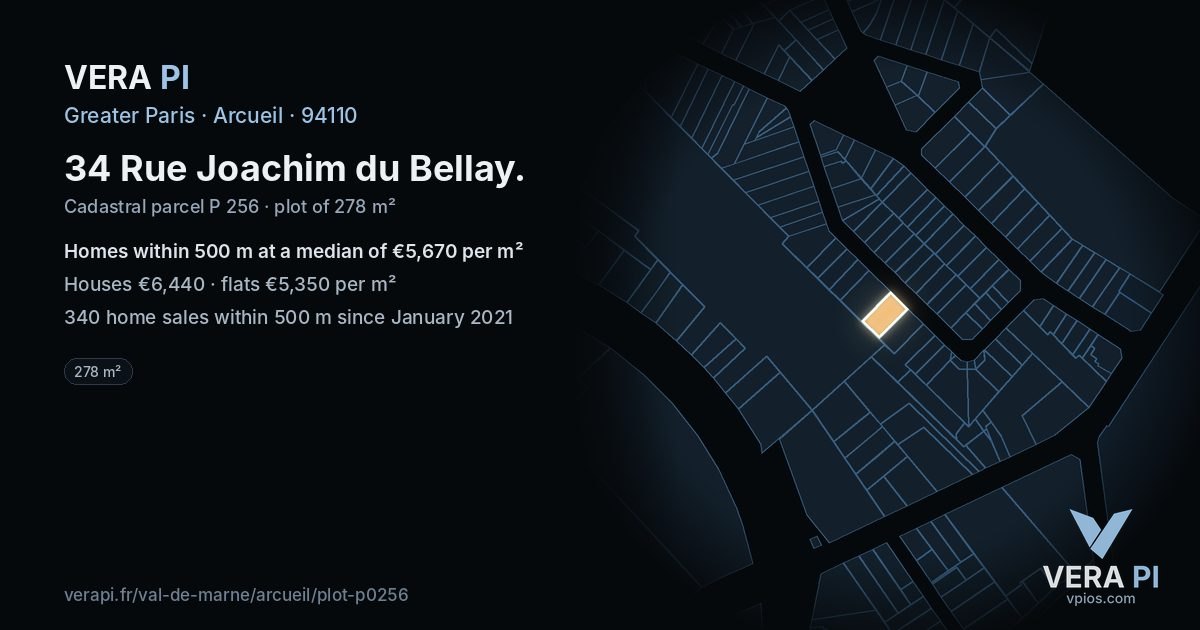 34 Rue Joachim du Bellay, Arcueil at night – the plot lit, the parcels around coloured by the prices near them