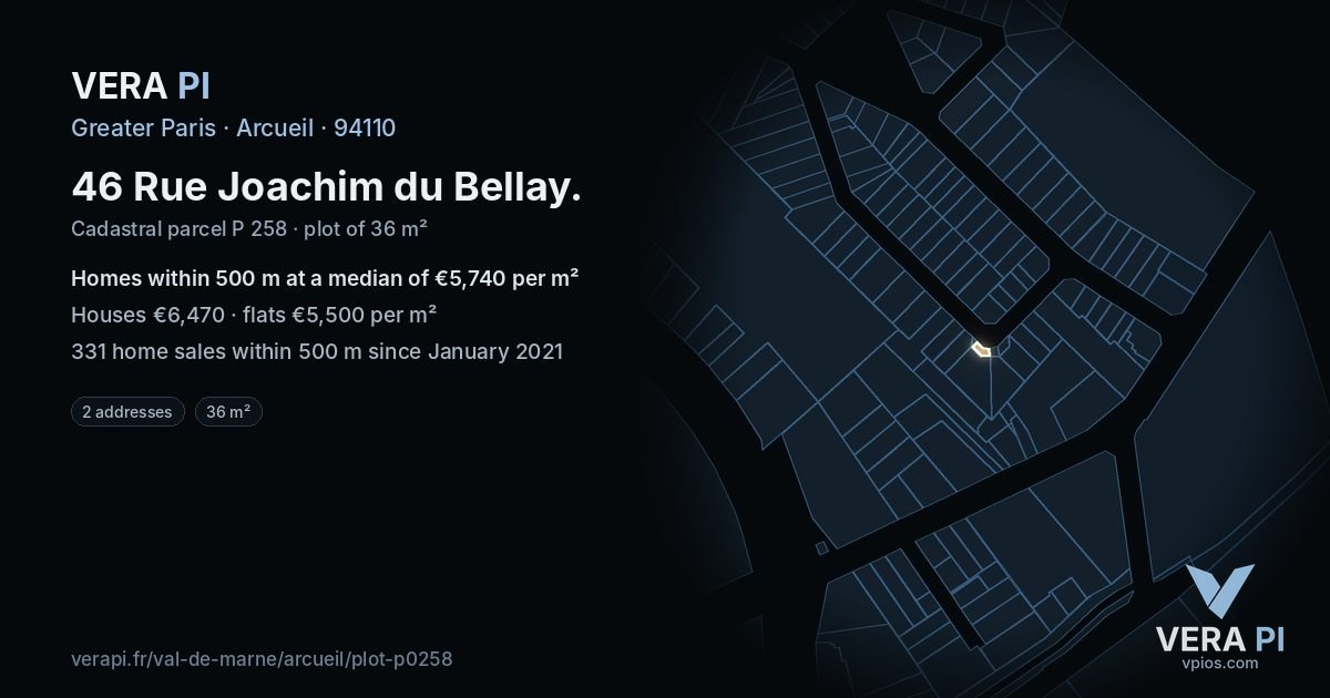 46 Rue Joachim du Bellay, Arcueil at night – the plot lit, the parcels around coloured by the prices near them