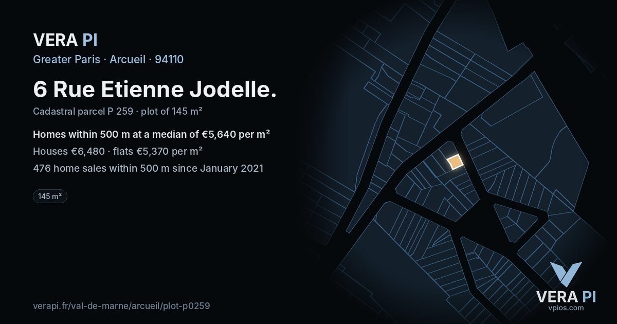 6 Rue Etienne Jodelle, Arcueil at night – the plot lit, the parcels around coloured by the prices near them