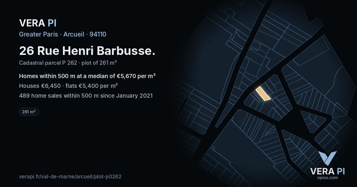 26 Rue Henri Barbusse, Arcueil at night – the plot lit, the parcels around coloured by the prices near them