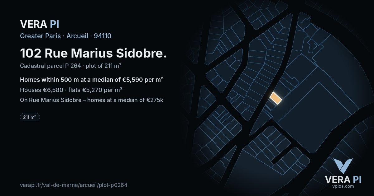 102 Rue Marius Sidobre, Arcueil at night – the plot lit, the parcels around coloured by the prices near them