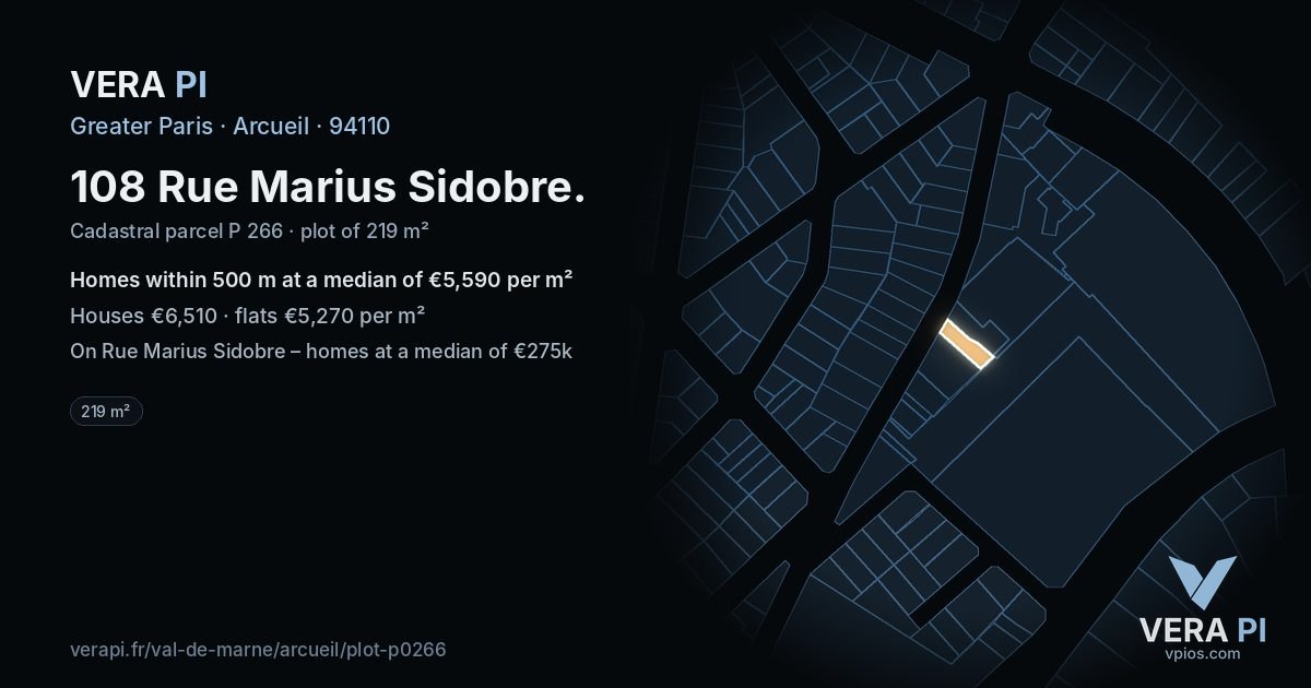 108 Rue Marius Sidobre, Arcueil at night – the plot lit, the parcels around coloured by the prices near them