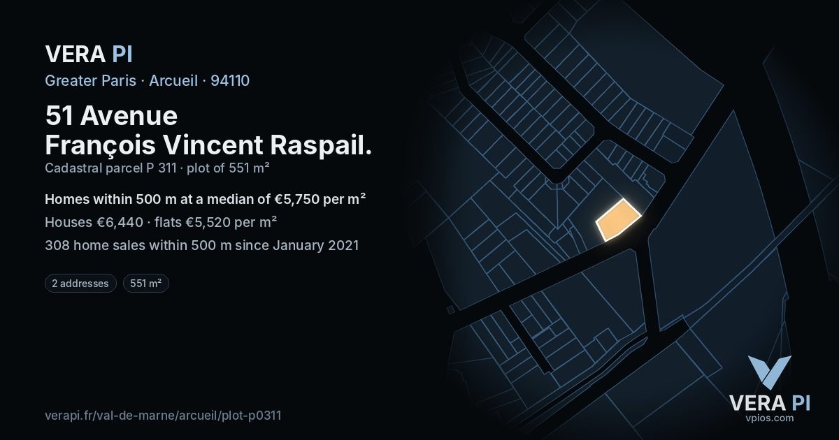51 Avenue François Vincent Raspail, Arcueil at night – the plot lit, the parcels around coloured by the prices near them