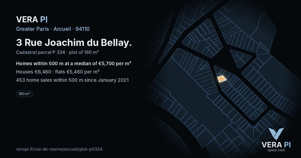 3 Rue Joachim du Bellay, Arcueil at night – the plot lit, the parcels around coloured by the prices near them