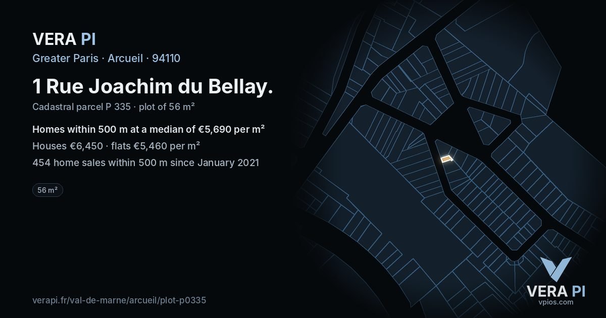 1 Rue Joachim du Bellay, Arcueil at night – the plot lit, the parcels around coloured by the prices near them