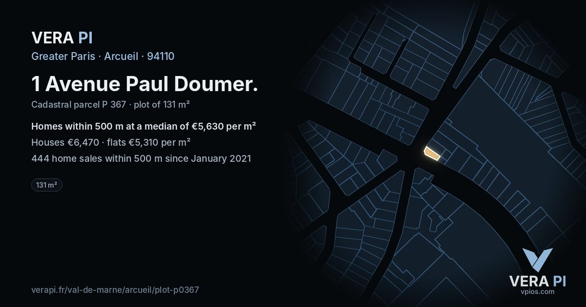 1 Avenue Paul Doumer, Arcueil at night – the plot lit, the parcels around coloured by the prices near them