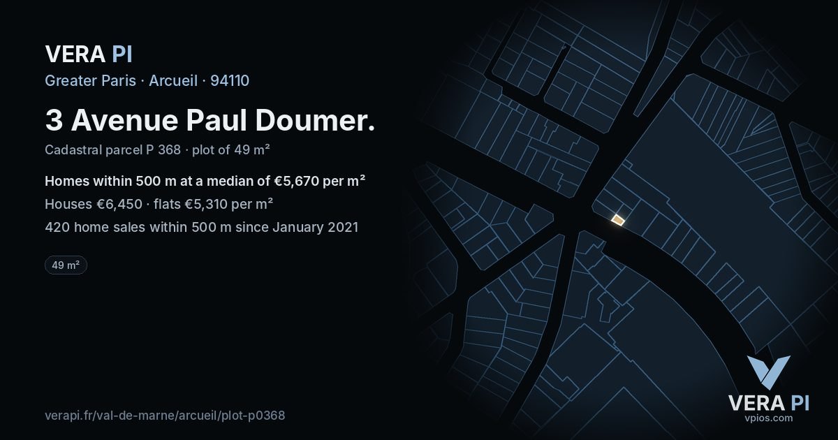 3 Avenue Paul Doumer, Arcueil at night – the plot lit, the parcels around coloured by the prices near them