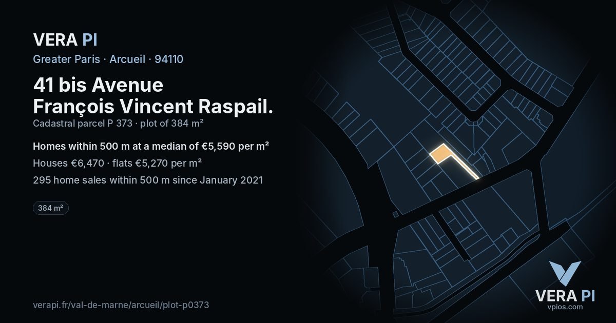 41 bis Avenue François Vincent Raspail, Arcueil at night – the plot lit, the parcels around coloured by the prices near them