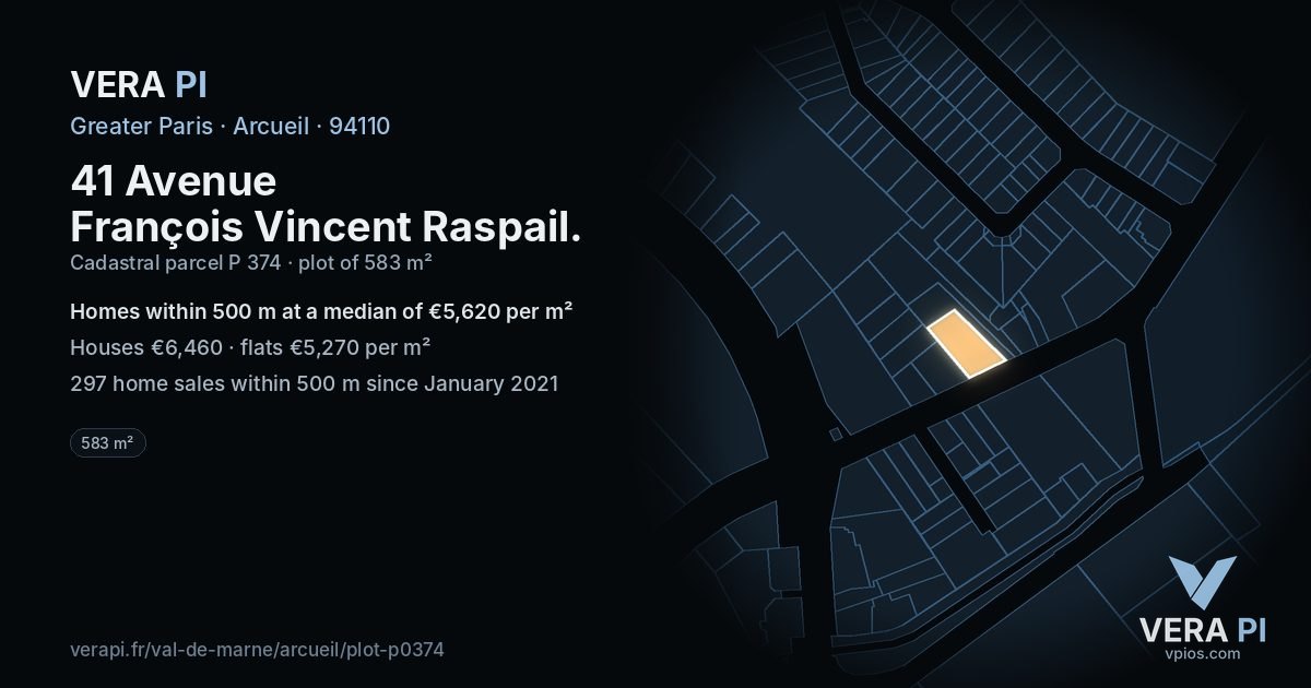 41 Avenue François Vincent Raspail, Arcueil at night – the plot lit, the parcels around coloured by the prices near them