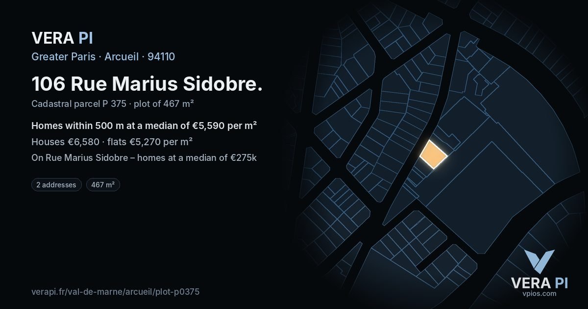 106 Rue Marius Sidobre, Arcueil at night – the plot lit, the parcels around coloured by the prices near them