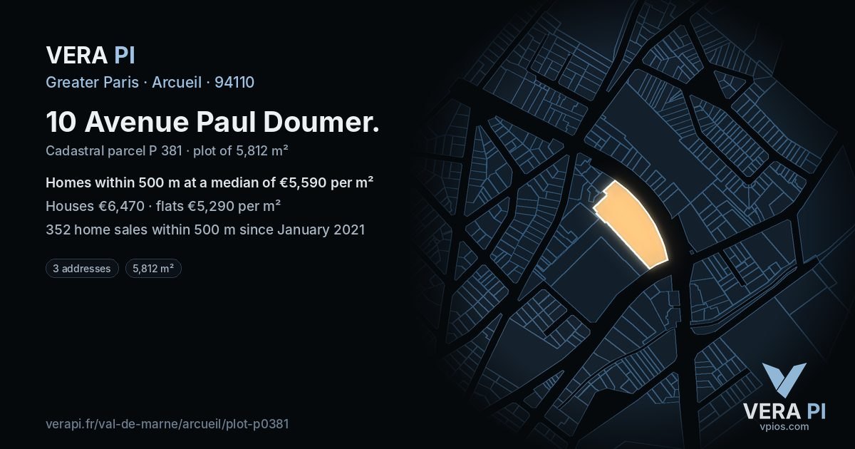 10 Avenue Paul Doumer, Arcueil at night – the plot lit, the parcels around coloured by the prices near them