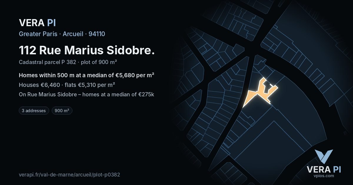 112 Rue Marius Sidobre, Arcueil at night – the plot lit, the parcels around coloured by the prices near them